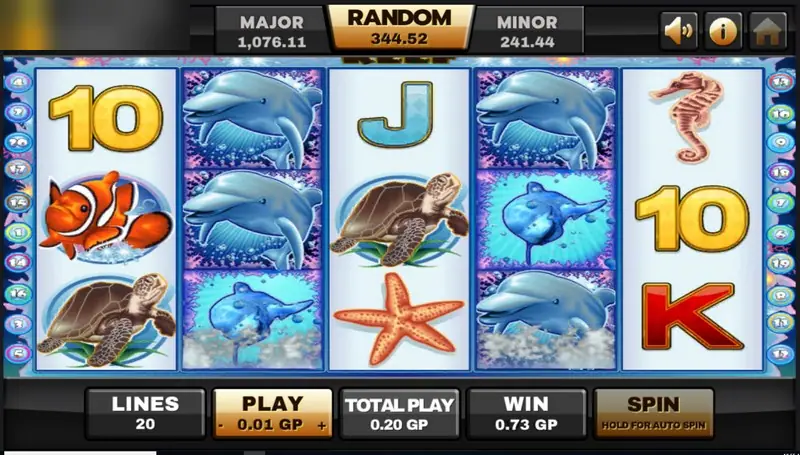 Dolphin Reef slot on Joker123 with leaping dolphins stacked on reels 2 and 4, a clownfish, a sea turtle and a starfish, win 0.73 GP