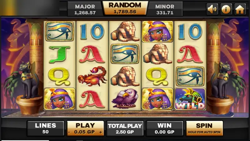Egypt Queen slot on Joker123: sandstone reels with Eye of Horus, scorpions, sphinx and card symbols, flanked by two black cat statues, 50 lines