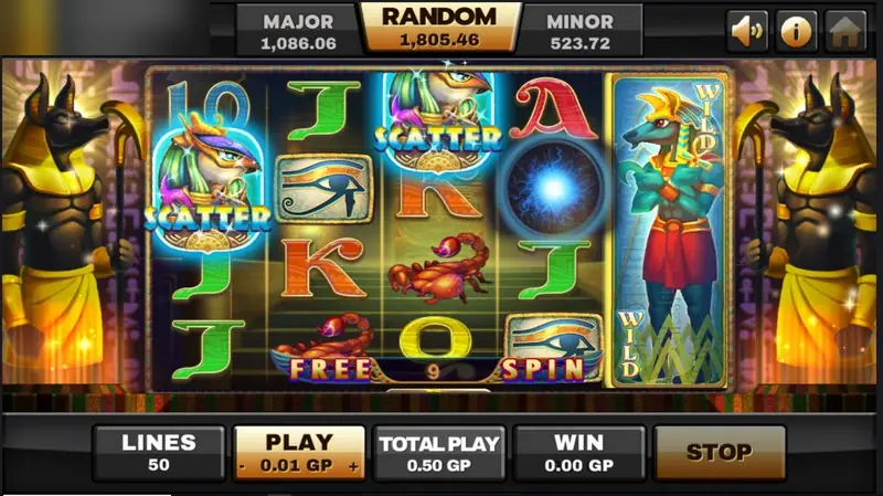 Egypt Queen free spins: dark temple background with golden Anubis statues, FREE SPIN lettered under the reels and a blue orb symbol