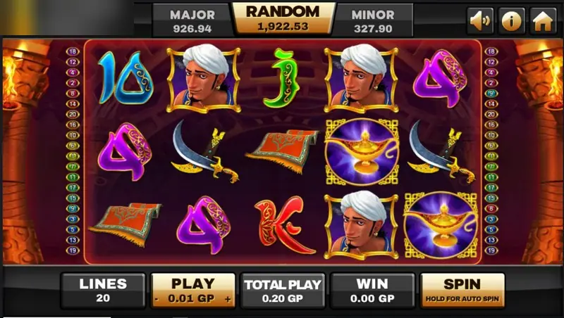 Genie slot on Joker123 with a turbaned hero, curved swords, a flying carpet, magic lamps and ornate letter symbols on a red palace background