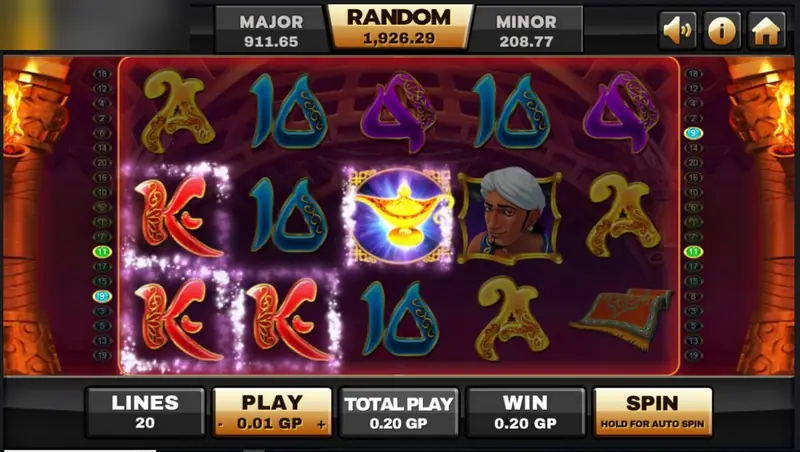 Genie reels with a lamp in the middle and a glowing row of K and 10 symbols forming a line win of 0.20 GP