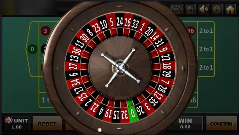 Lucky Roulette on Joker123: a wooden single-zero roulette wheel spinning over the green betting table, with REBET and CONFIRM buttons below