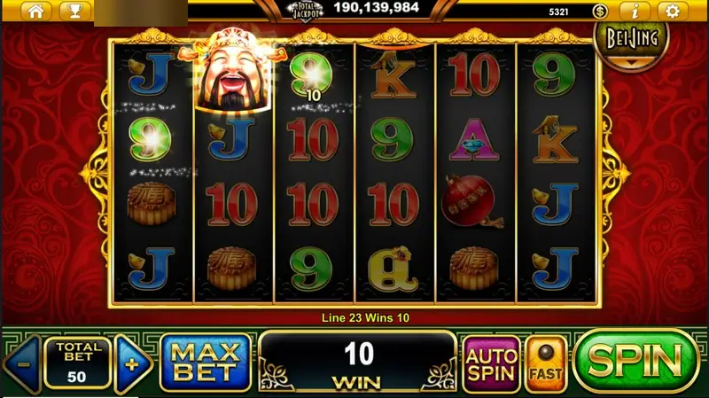 The God of Wealth highlighted at the top of reel two with a 10 win on line 23