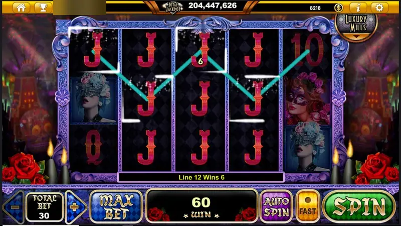J symbols across the middle of all five reels, win box showing 60 with line 12 paying 6