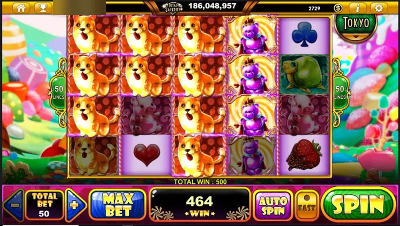Gummy Wonderland on Live22 with gummy corgis stacked across reels 1 to 3, a purple crowned bear on reel 4, 50 LINES markers and a win of 464 counting towards 500