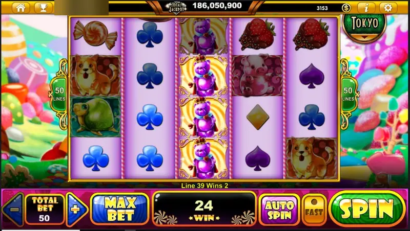 A small win of 2 on line 39 with a gummy dog and crowned bears scattered over card suits
