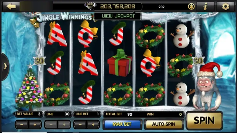 Jingle Winnings reels in an ice cave with candy-cane letters, wreaths and a snowman, a Christmas tree on the left and a yeti in a Santa hat on the right