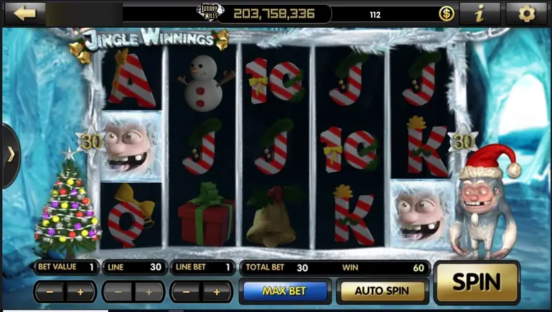 Yeti face symbols on reels one and five with candy-cane letters, total bet 30 and a win of 60