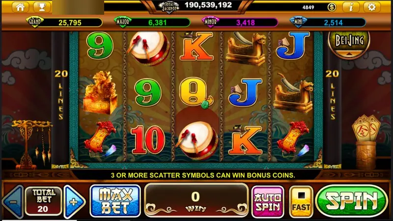 Justice Bao reels with a court drum, a gold lion seal, bronze beast-head blades and red order scrolls, 20 LINES on both sides and a message about scatter bonus coins