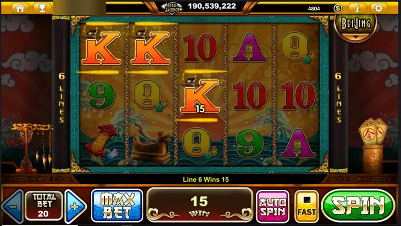 Three orange K symbols joined on line 6 for a win of 15, with the side tabs lit at 6 LINES