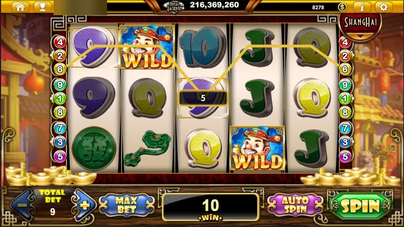 The fortune-boy WILD on reel two and reel four linking a line of purple 9s, win 10