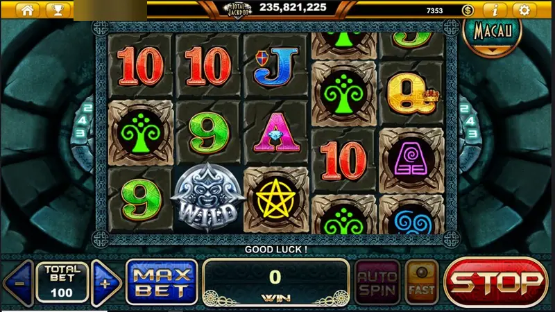 Reels spinning with a WILD mask landing on reel two and the message GOOD LUCK, STOP button lit