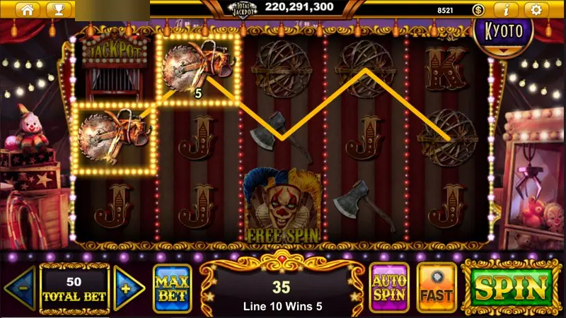 Live22 slot Midnight Carnival with a circus backdrop, two saw symbols on a winning line, a clown FREE SPIN tile, the TOTAL JACKPOT counter at the top and TOTAL BET 50, MAX BET, AUTO SPIN, FAST and SPIN along the bottom