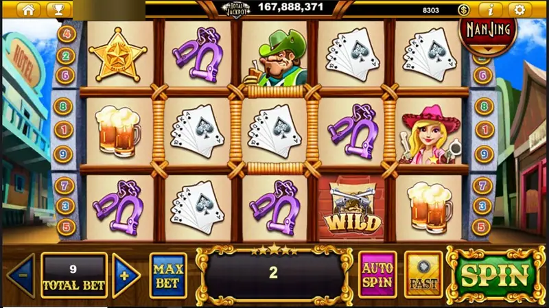Money Bang Bang spin with handcuffs, cards, a WILD poster and a cowgirl, win box showing 2