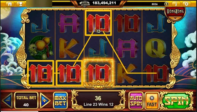 Red 10 symbols lined across the bottom and top rows, line 23 paying 12, total 36