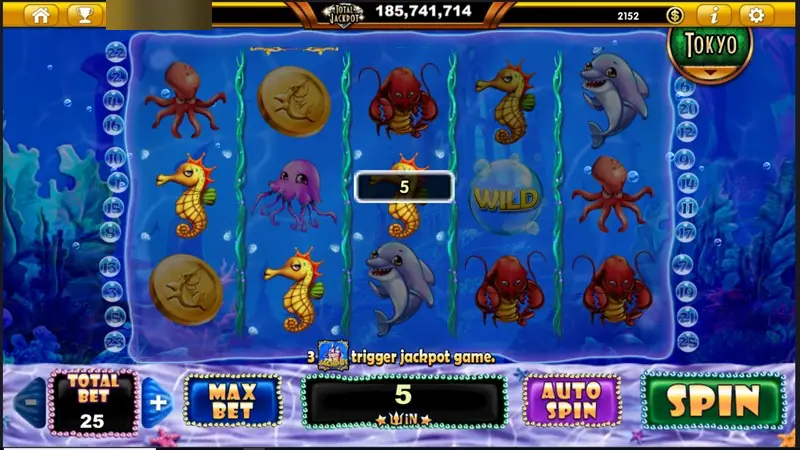 Seahorses, octopuses and a WILD bubble on the reels with a 5 win, total bet 25