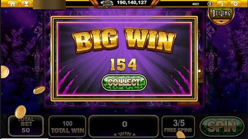 BIG WIN banner showing 154 with a Collect button, free spin counter at 3/5 and total win 100 below