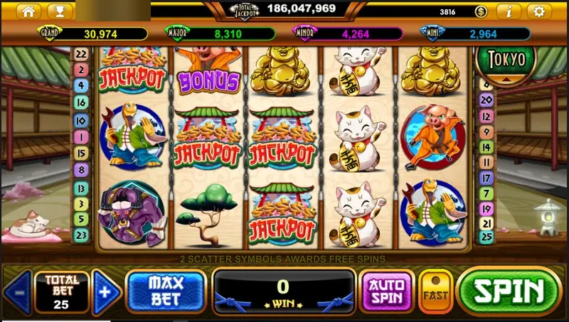 Pig Fury idle screen with JACKPOT and BONUS symbols, a golden Buddha and a lucky cat, total bet 25