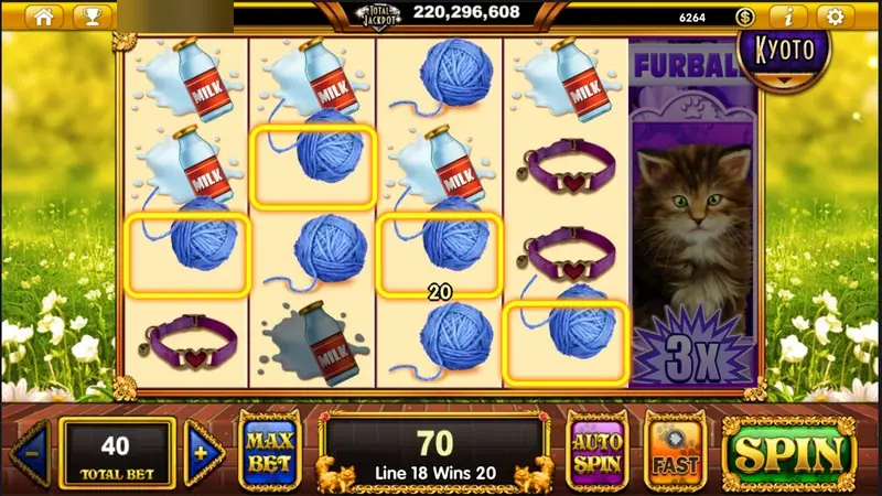 Furball kitten on reel five with a 3X badge while yarn and milk symbols pay 70 across several lines