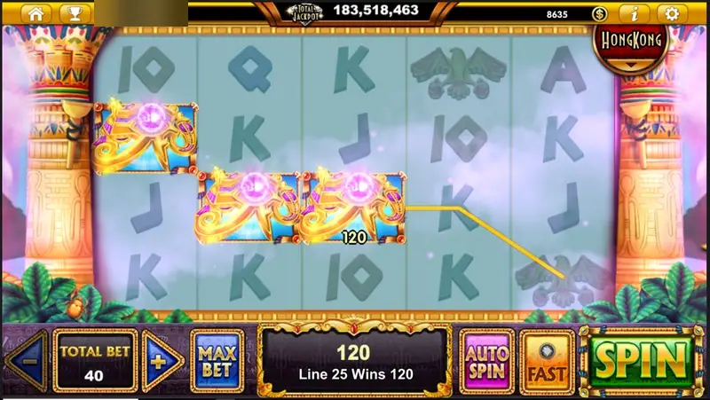 Glowing jewelled scarab symbols joined across three reels on line 25 for a win of 120