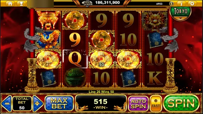 Three gold coin symbols lined up on the middle row for a total win of 515, line 26 showing wins 50