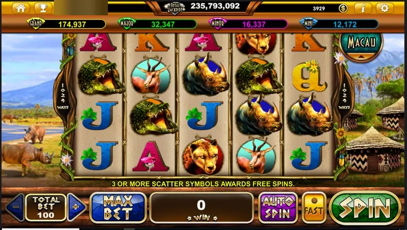 Rhino Crash reels with rhino, crocodile, cheetah and gazelle symbols, 1024 WAYS on both sides, jackpot bars on top and huts on the right