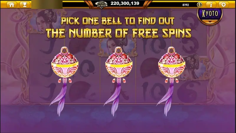Sacred Relics bonus screen reading Pick one bell to find out the number of free spins, with three pink and gold bells hanging in a row