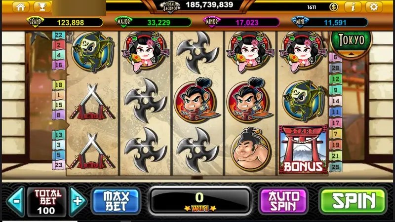 Samurai Hero idle screen at total bet 100, with shuriken, crossed swords and a red torii gate BONUS symbol on reel five