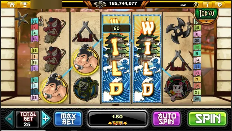 Samurai Hero with two stacked blue wave WILD reels in the middle, a sumo wrestler and ninja symbols, and a win of 180 on total bet 25