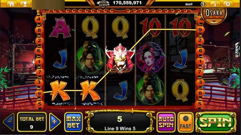 Samurai Sensei win of 5 on line 9 with two orange K symbols and a red demon-mask symbol in the centre of the reels