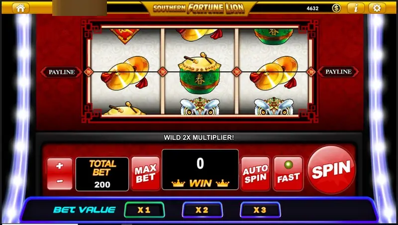 Southern Fortune Lion idle screen with cymbals and a drum on the payline, a WILD 2X MULTIPLIER message and total bet 200