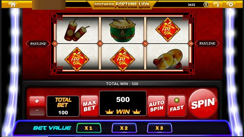 Firecrackers, a drum and red good-luck tiles on the reels with TOTAL WIN 500 at total bet 100