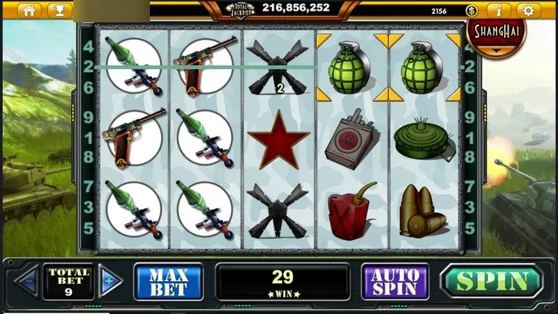 Tank Attack at total bet 9 with rocket launchers, a red star and grenades on the reels, a win of 29
