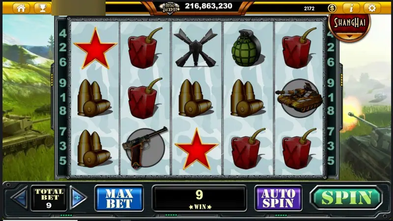 Red stars, jerrycans and bullet symbols on the reels with a win of 9