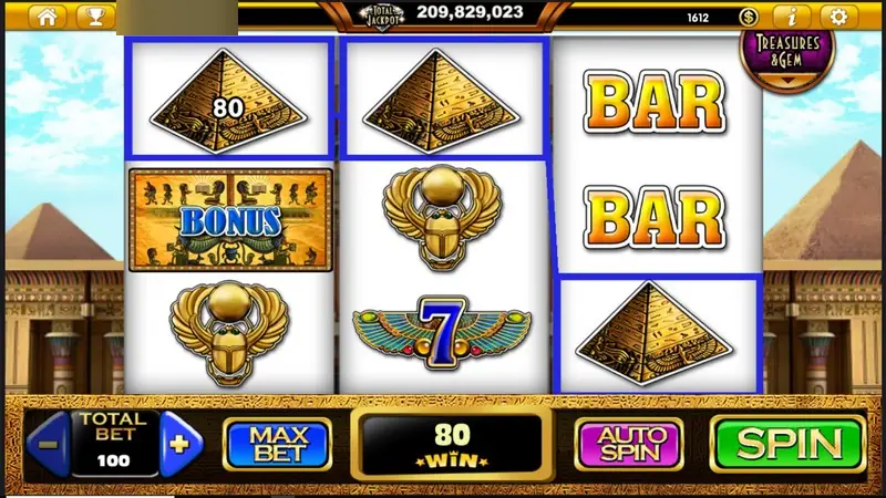 Pyramids and a BONUS tile framed in blue for a win of 80