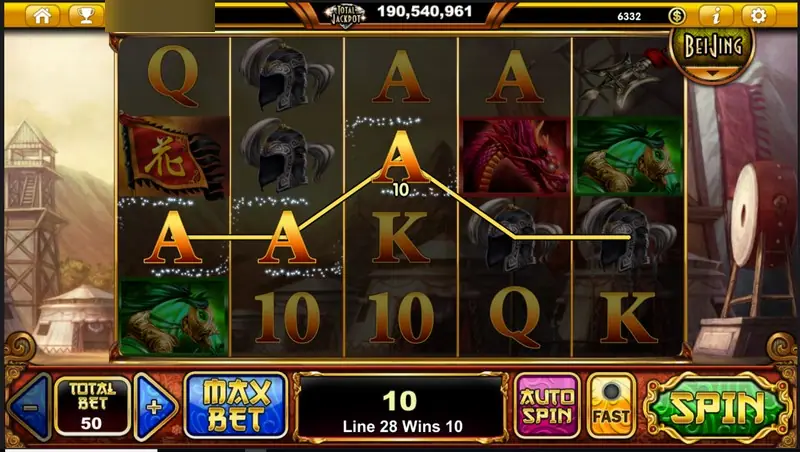 Three gold A symbols joined on line 28 for a win of 10