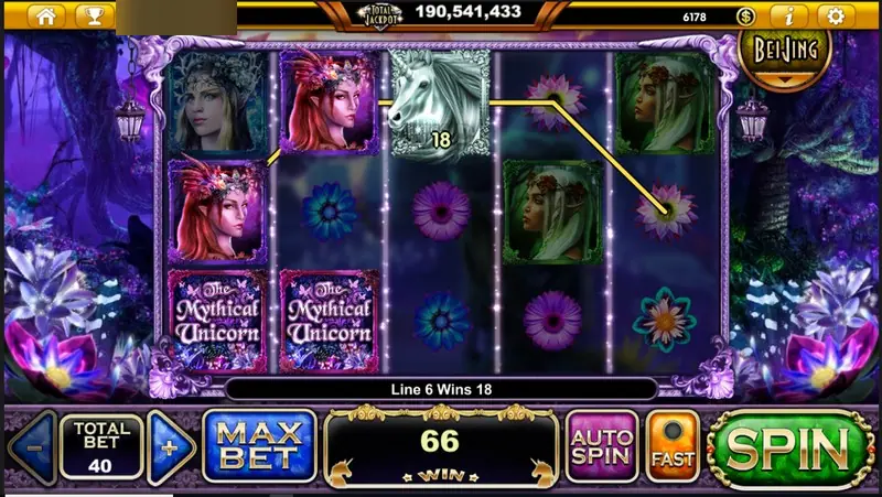 The Mythical Unicorn win of 66, with the unicorn and fairy symbols joined on line 6