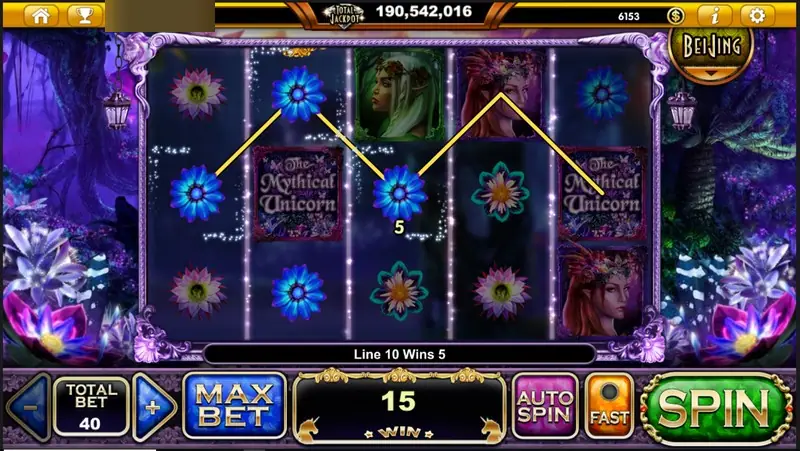 Blue glowing flowers joined by a yellow zig-zag line on line 10 for a total win of 15