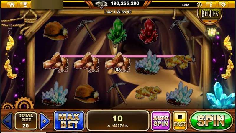 Three brown rock and nugget symbols joined by a pink line for a win of 10 at total bet 20