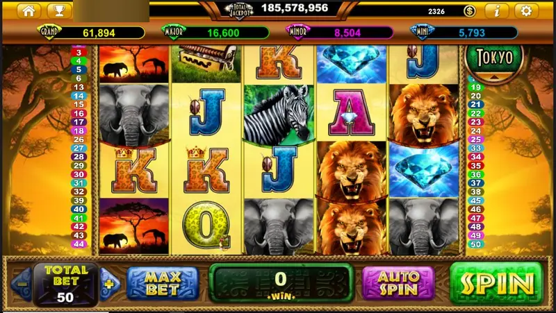 Wilds of Africa reels with roaring lions, elephants, a zebra, blue diamonds and leopard-print K and Q letters, line numbers up to 50 on both sides and jackpot bars above
