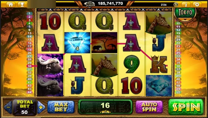 A buffalo with a purple collar on reel one and a line through A and 9 symbols for a win of 16