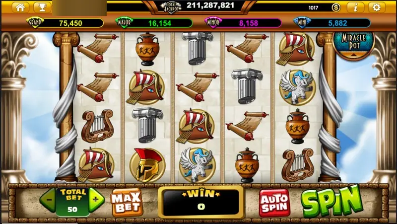 Zeus D' Mighty idle screen at total bet 50 with scrolls, lyres, columns, amphoras and a Pegasus coin, jackpot bars above