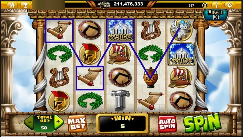 Zeus D' Mighty win of 5 with scrolls and shields framed in blue and a temple WILD on reel three