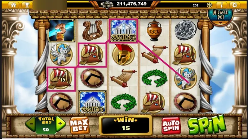 Zeus D' Mighty win of 15 with symbols framed in pink along a zig-zag line, including a temple WILD on reel three