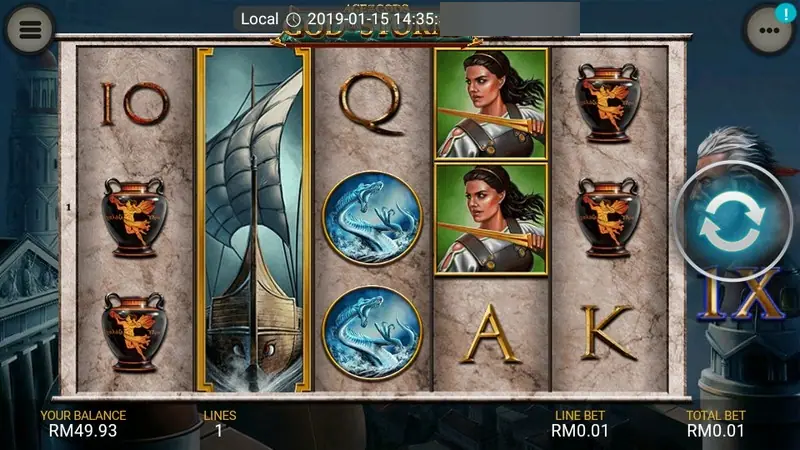 God of Storms with a tall ship wild covering reel two, a warrior woman symbol on reel four, and 1X beside the storm god