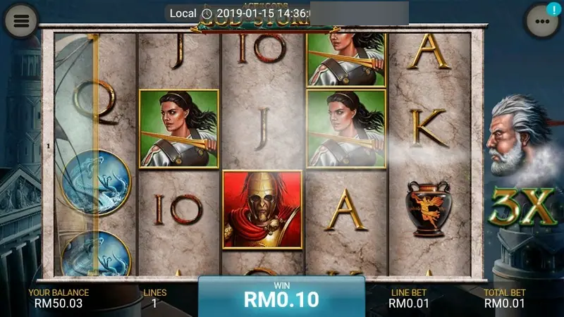 Ship wild now on reel one, a red helmeted warrior in the middle, 3X next to the storm god and a RM0.10 win in the WIN box