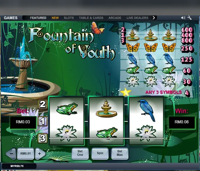 Frog, fountain and bird on the middle line of Fountain of Youth, win RM0.08