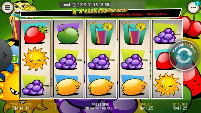 Fruit Mania with two cocktail glasses and a sun on the right reels