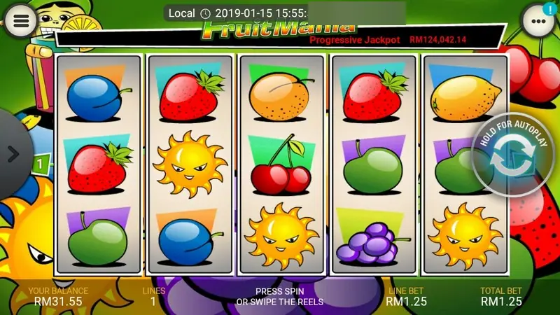 Final Fruit Mania screen with suns on reels two, three and five, plums and apples, balance RM31.55