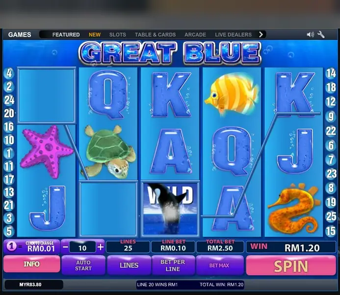 LPE88 Great Blue slot running in a desktop window with tabs for Games, Featured, New, Slots, Table and Cards, Arcade and Live Dealers, 25 lines at RM0.10 a line, total bet RM2.50 and a win of RM1.20